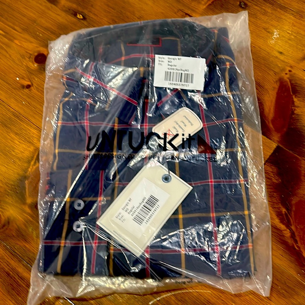 Untuckit button down shirt navy blue with red and yellow plaid still in plastic